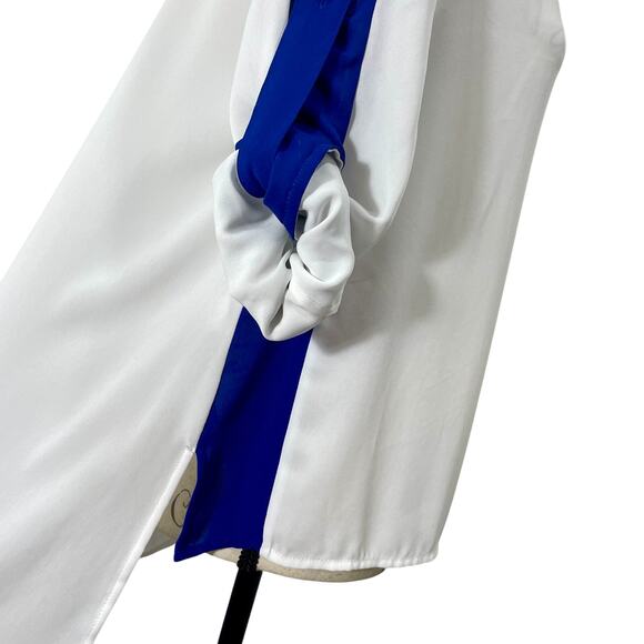BCBGMAXAZRIA Alaine Top Blue White Stripe Roll-Tab Tunic Blouse Small - Picture 4 of 9
